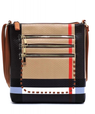 Plaid Check Whipstitch Multi Zip Pocket Crossbody Bag BT2744 TAN